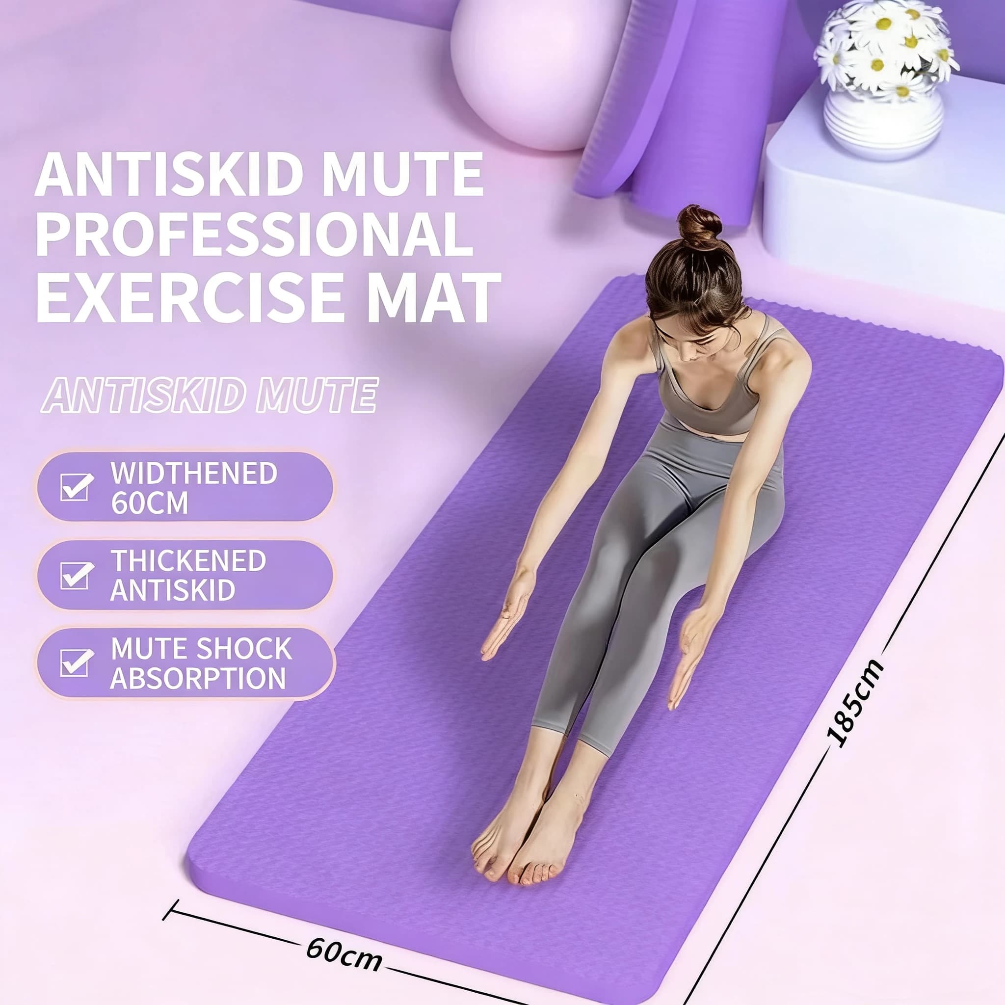 183×60 cm anti-slip sports mat, 18 mm thick, comfortable foam yoga mat for yoga exercises, Pilates and gymnastics