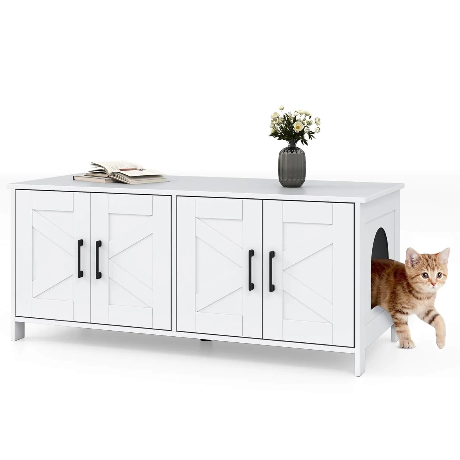Mobiletto per lettiera per 2 gatti con due scomparti, in legno, con lavabo integrato