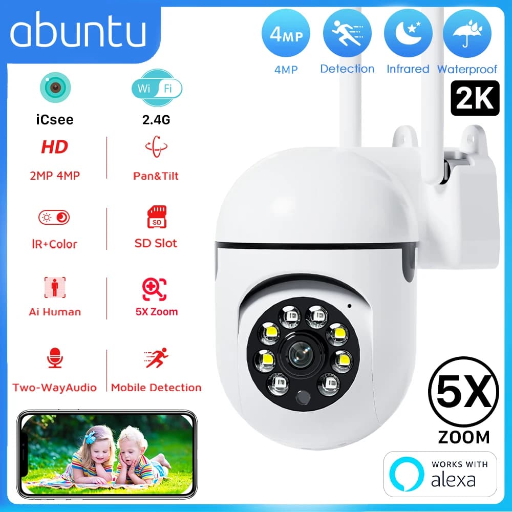 4MP 2K Mini PTZ Wifi Telecamera 5X Zoom digitale Telecamera di sorveglianza Telecamera IP per visione notturna interna Protezione di sicurezza domestica ICsee APP