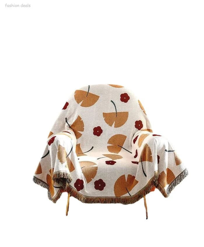 Coperta Nordica in Tessuto con Foglie di Ginkgo, Motivo Floreale con Frange, Copridivano Boho, Arazzo da Parete per Soggiorno e Camera da Letto
