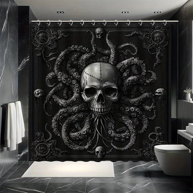 Set tenda da doccia con teschio di mare profondo - Sfondo tentacolo Eerie, include 12 ganci, poliestere impermeabile, arredamento moderno per il bagno