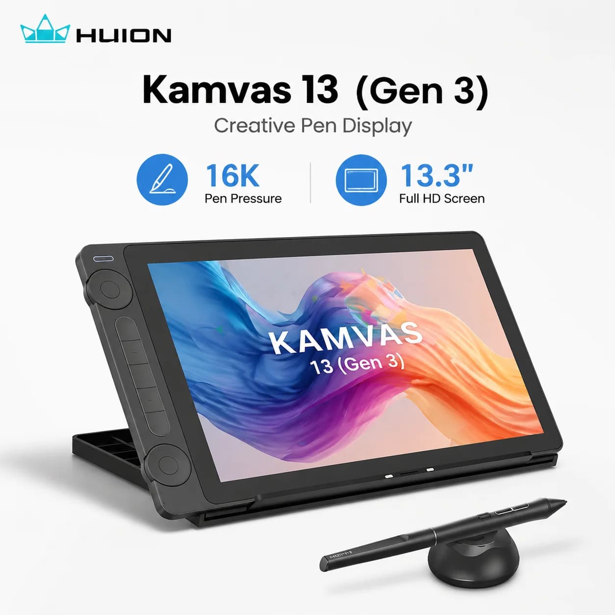 Huion Kamvas 13 (Gen 3) Display Portatile con Penna, Schermo FHD da 13,3" in Vetro Anti-Riflesso, 16384 Livelli di Pressione, per Arte Digitale e Design