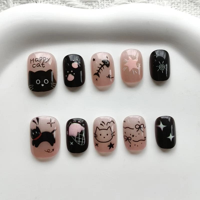 10 Pezzi Adesivi per Unghie Stile Coreano, Carini, con Testa Rotonda, Gatto Cartone Animato e Fiocco, Dolci e Trendy, Unghie Finte Press-on