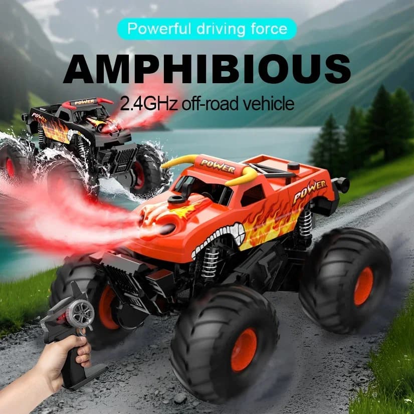 Raging Spray Camion RC Anfibio con Ruote Grandi, 2.4GHz, Nebulizzatore a Doppio Ugello, Rotazione a 360° ° Rotazione, Posizionamento con un solo tasto, per Terra e Acqua