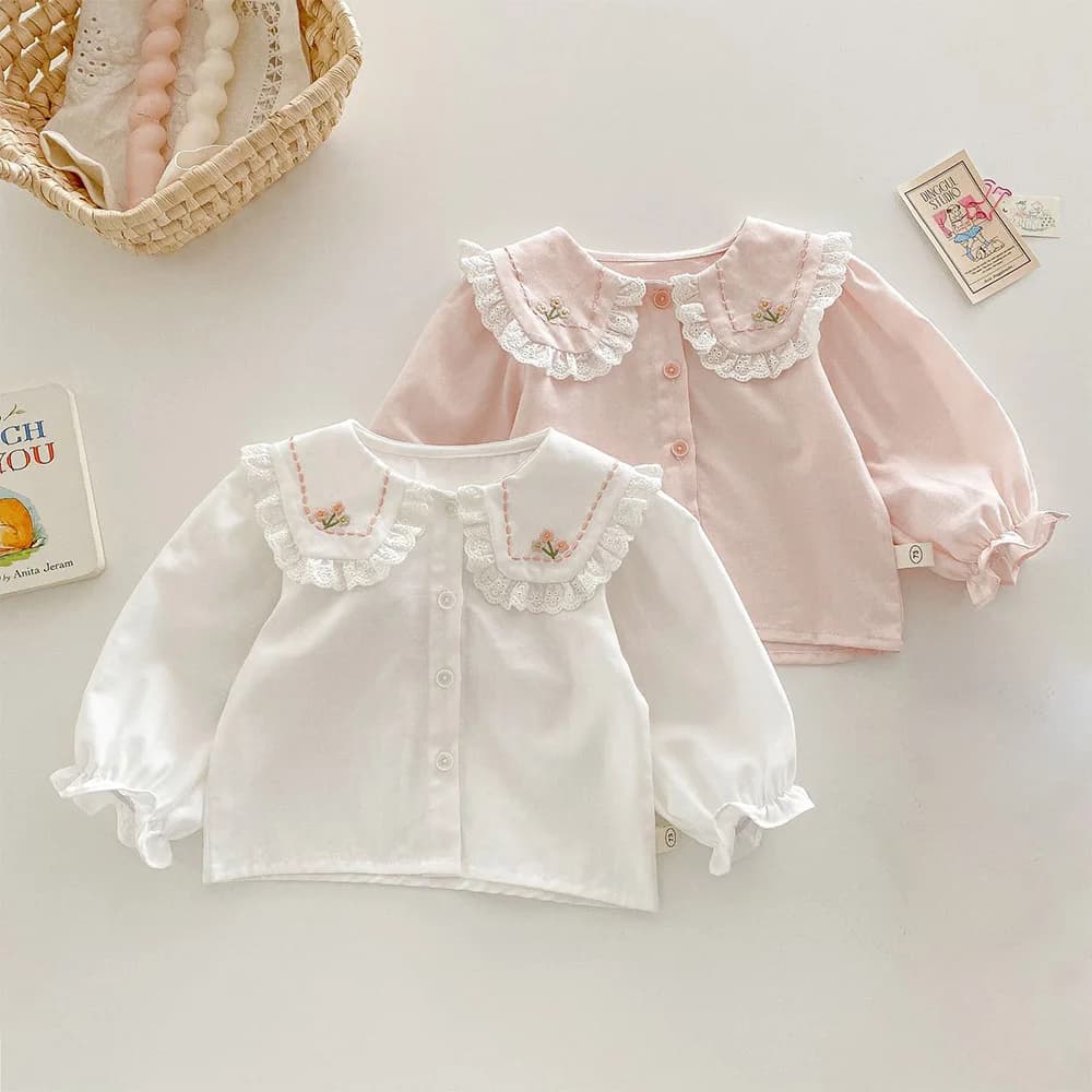 T-shirt da ragazza in cotone per bambini, top e camicette a maniche lunghe, colletto alla Peter Pan primaverile, ricamo floreale, compleanno, abbigliamento per bambini