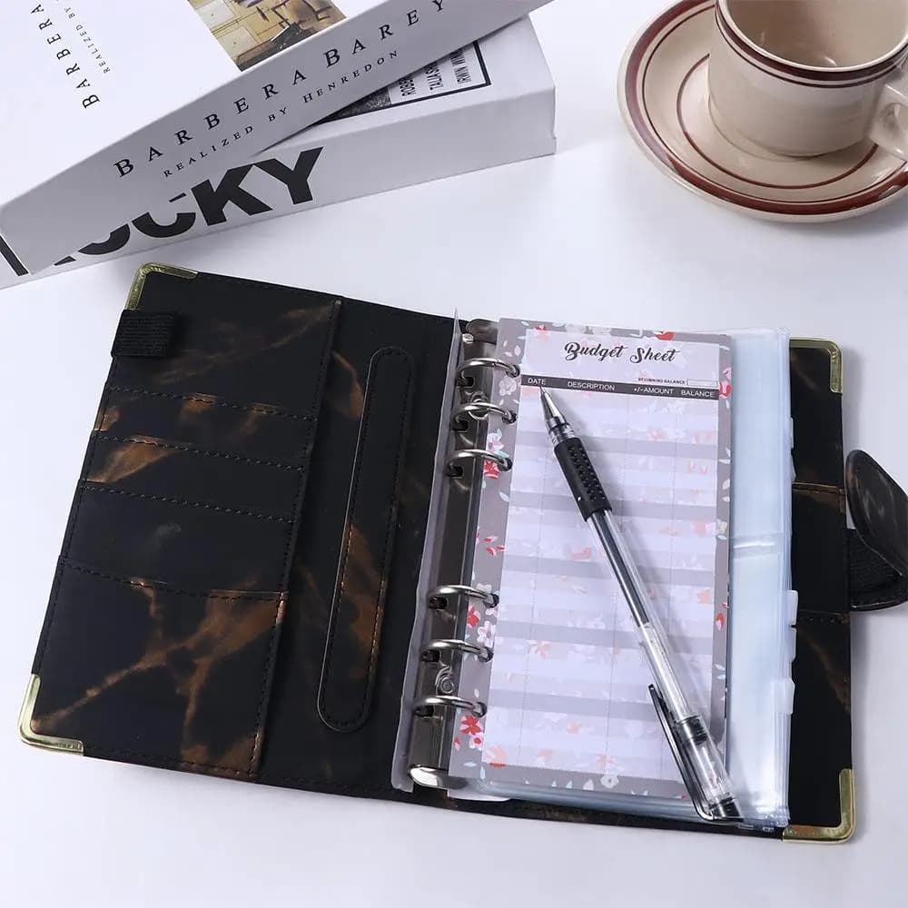Zipper Envelope A6 Notebook for Budgeting PU Leather Marble Notebook Marble Budget Binder 6 Ring Binder Notebook Binder