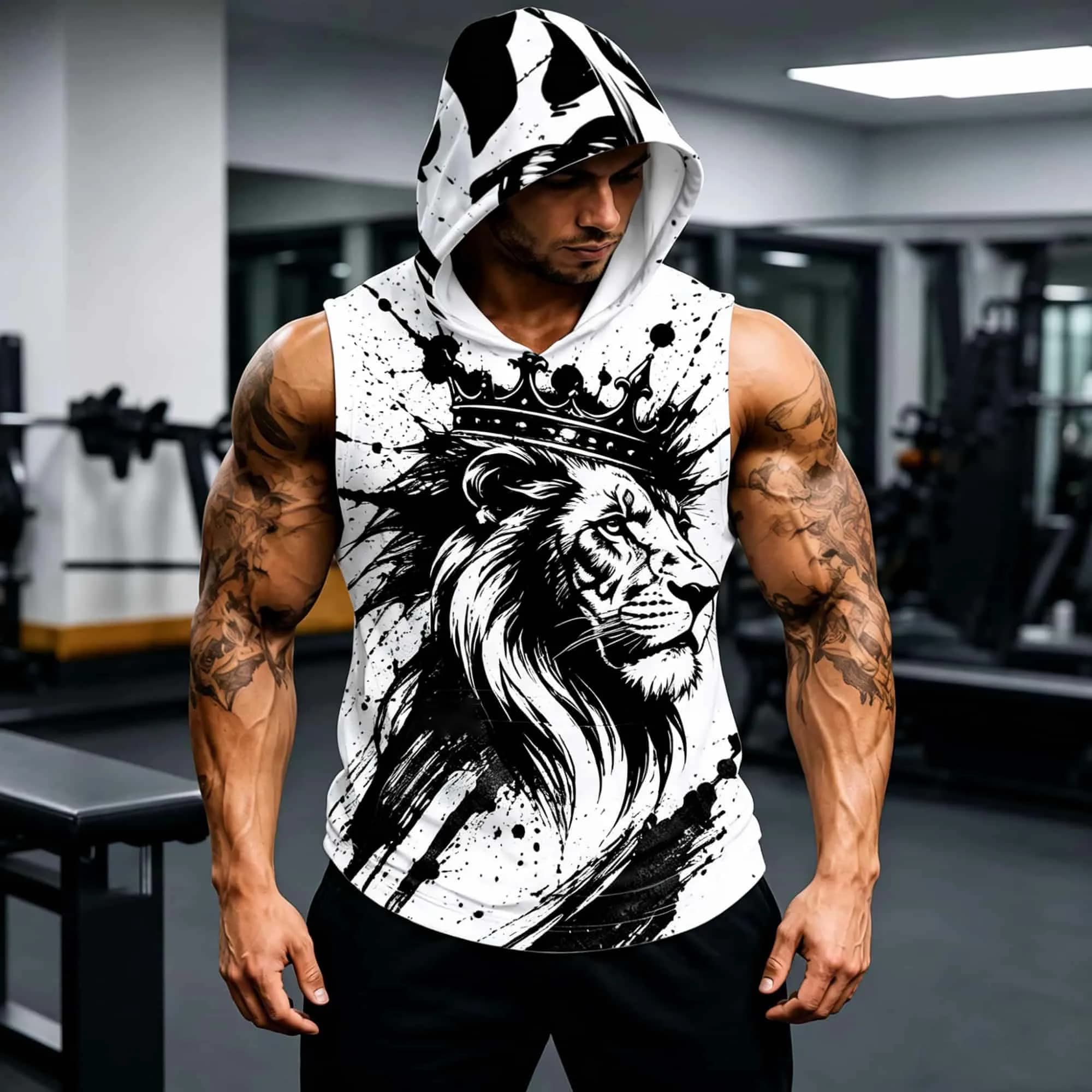 Vintage Black Ink Splatter Lion Men Hooded Sleeveless Muscle Tank Top Lightweight Casual Gym Daily Urban Hip Athletic Vest