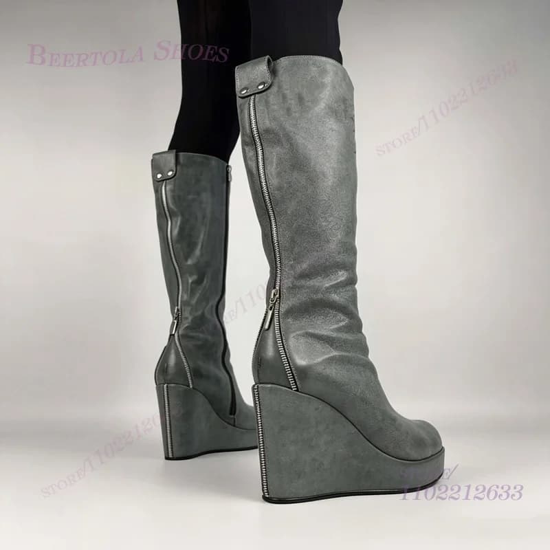 Silver Grey Matte Wedge Boots Women Zip Back Heel Platform Round Toe Knee Length Casual Booties Stretch Fabric Leather Shoes