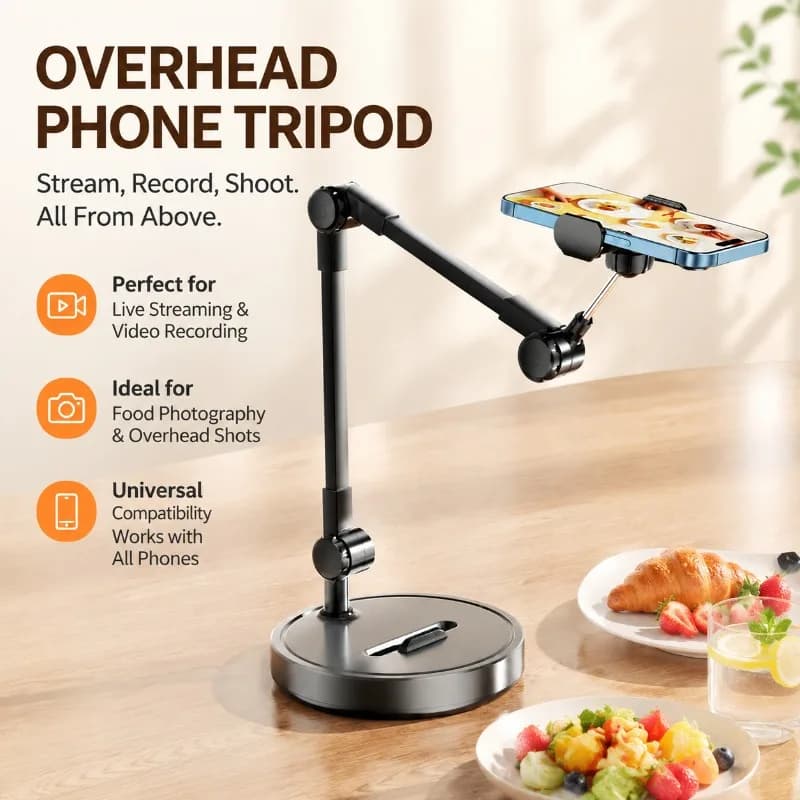 Overhead Phone Tripod for Live Streaming, Desktop Video Recording, Food Photography, Selfie Stand Compatible with All Phones