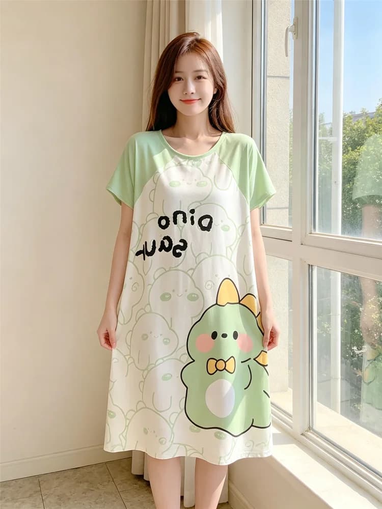 Summer And Autumn Cool Cute Girls Cartoon Nightdress Comfortable Short-Sleeved Dress Women'S Home Wear Polyester Pajama