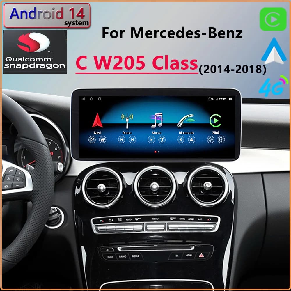 Lettore multimediale Android 14 Qualcomm per Mercedes Benz Classe W205 C260 C300 2014 Autoradio Navigazione GPS con CarPlay Netflix
