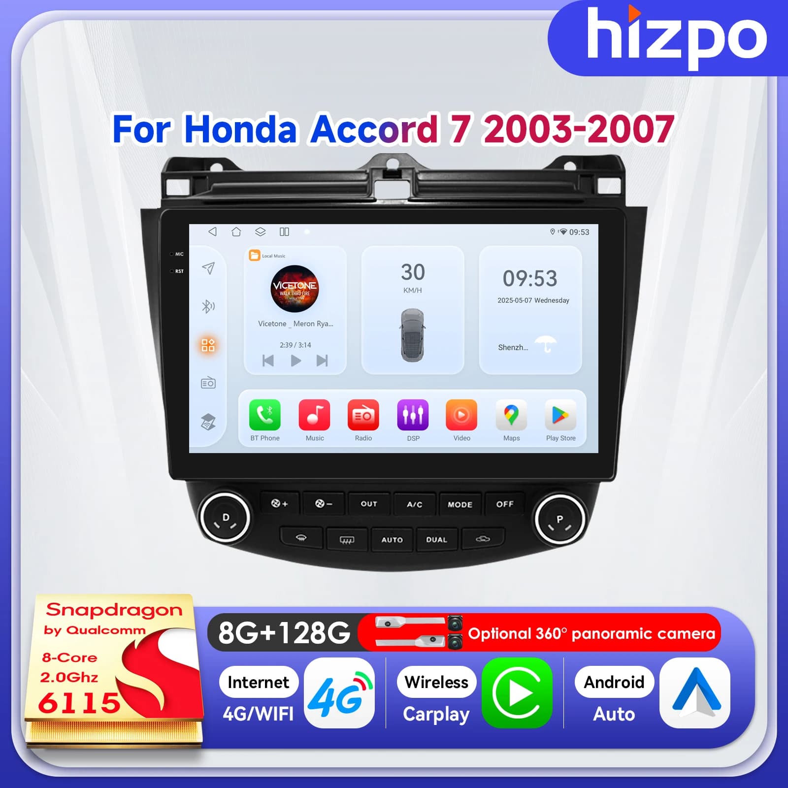 Hizpo Autoradio 2 DIN da 10.1 pollici per Honda ACCORD 7 2003-2007, sistema intelligente touchscreen, radio, AI Voice, GPS, Carplay 6115
