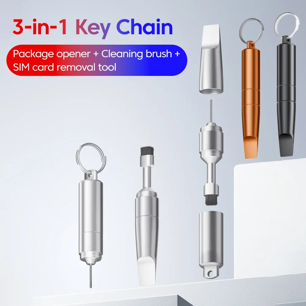 Multifunction Keychain 3 in 1 with Open Packages, Cleaning Brush and SIM Removal Tool for iPhone and Airpods