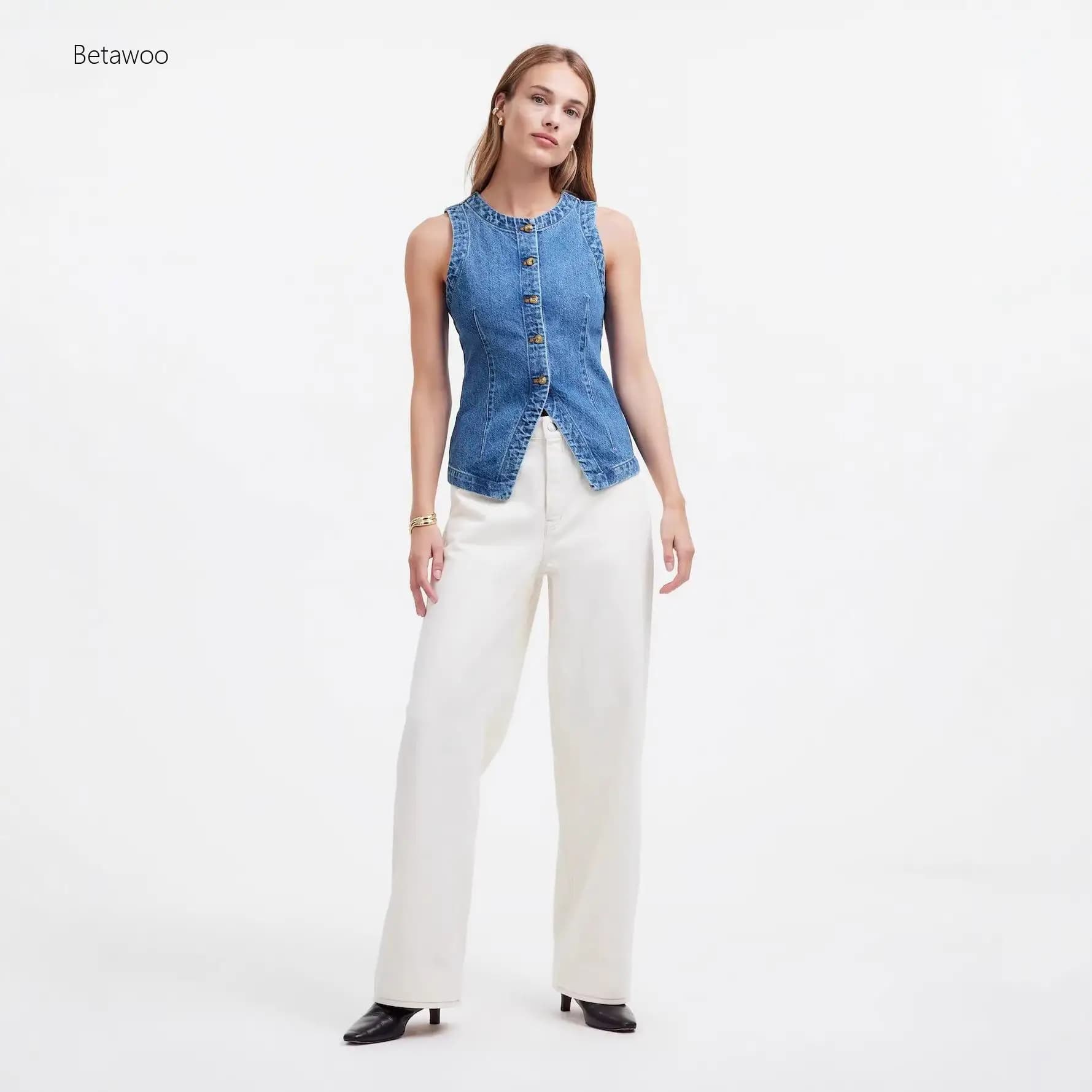 Gilet in denim da donna senza maniche con bottoni, gilet in jeans casual estivo, capo superiore per layering, abbigliamento streetwear alla moda