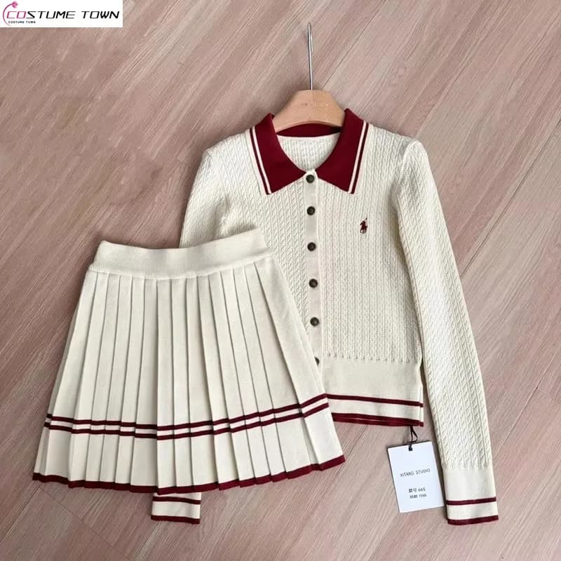 Autunno e inverno edizione coreana nuovo set lavorato a maglia dolce maglione lavorato a maglia stile college + gonna a pieghe set di due pezzi alla moda