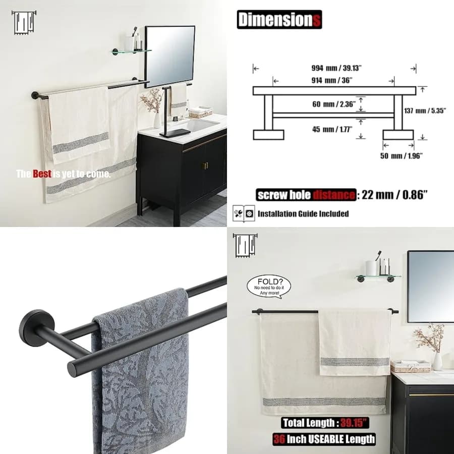 Portasciugamani Doppio Nero, 4 Barre in Acciaio Inox Spessore 1mm, Porta Asciugamani da Bagno a Parete, Lunghezza Utilizzabile 36 Pollici