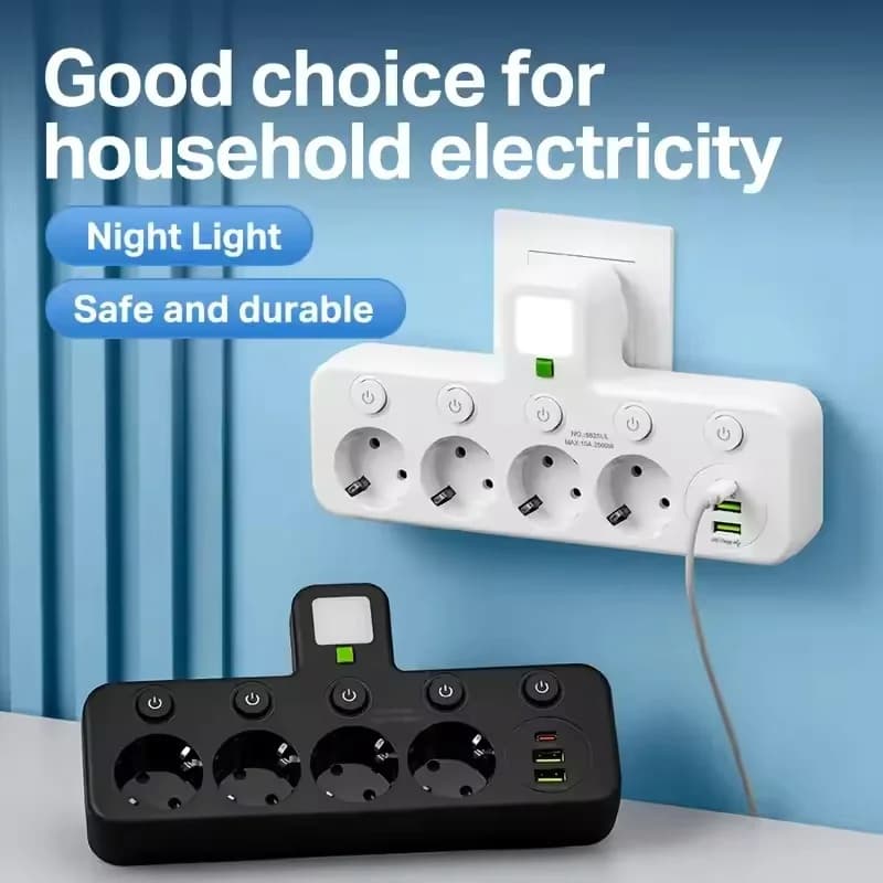 Multipresa con presa EU 4/3, 2 porte USB e 2 porte Type-C con luce notturna, adattatore da parete per casa e ufficio