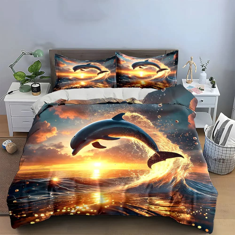 Set di biancheria da letto morbida e delicata sulla pelle "Dolphin Sunset Ocean Art Set" include 1 copripiumino e 2 federe, regalo