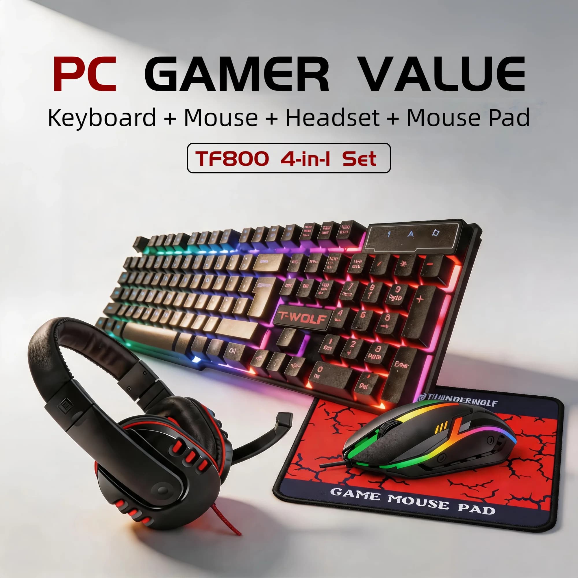 4 in 1 Gaming Combo Set Rainbow LED Keyboard RGB Mouse Headset Large Mousepad Wired USB PC Gaming Accessories Kit for Esports Desktop