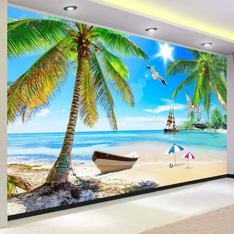 3D Parade Card with Mediterranean Sea View, Living Room Wall Decor and Bedroom with Sailing Boats, Palms and Beach