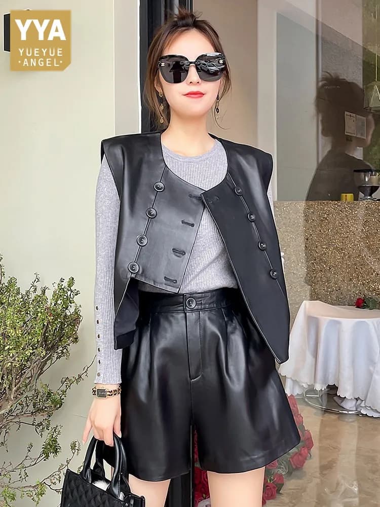Primavera nuove donne gilet doppiopetto top pantaloncini set da due pezzi set casual in morbida pelle di pecora set coordinati in vera pelle streetwear