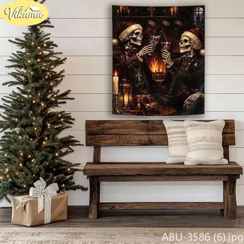 VIKAMA Goth Xmas Santa Skeleton Clockwork Antique Key Wall Tapestry Shadowy Victorian Cog Mechanism Festal Room Home Decor Soft