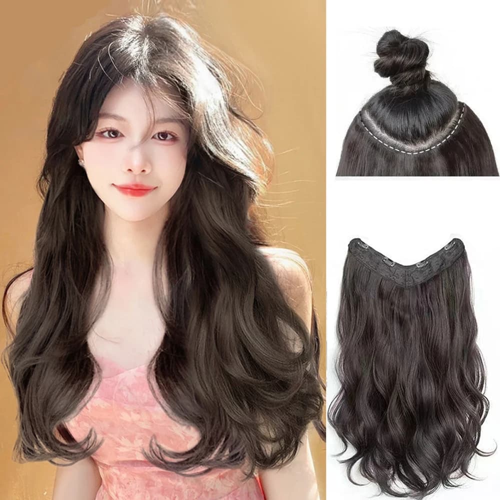 22 pollici sintetico a forma di V 4 clip un pezzo lungo riccio onda d'acqua clip nelle estensioni dei capelli pezzi di capelli per le donne 2028