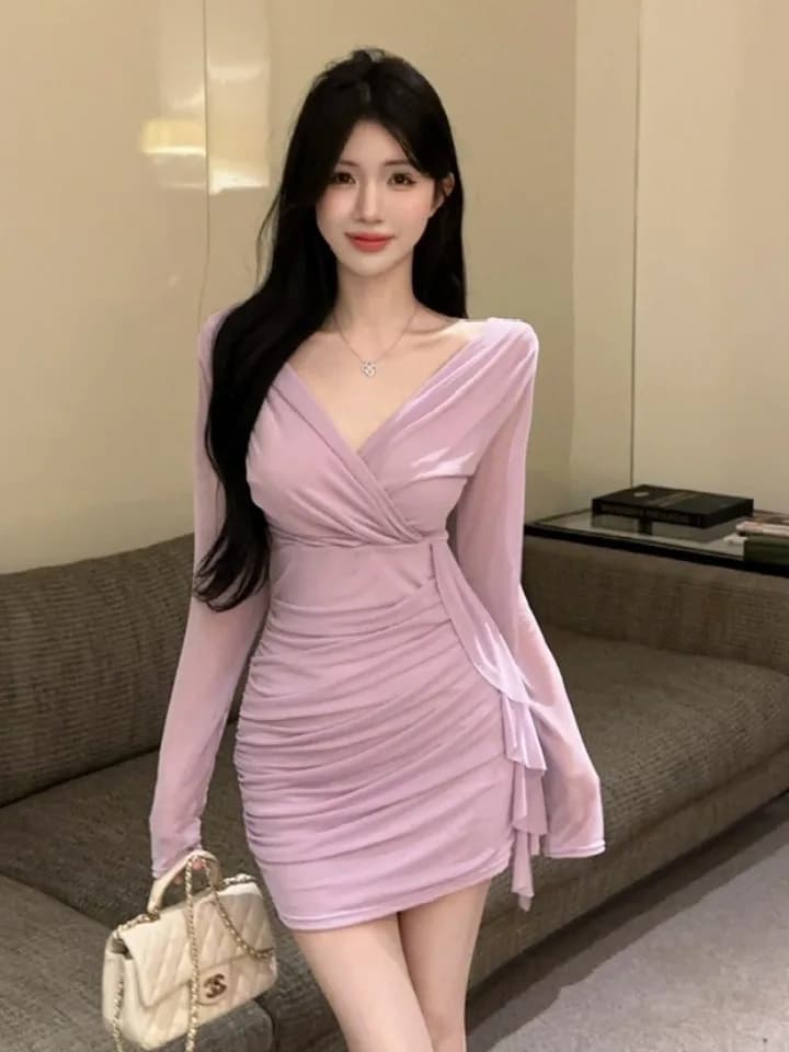 Abito Sexy Corto a Rete Aderente con Scollo a V, Vita Alta, Maniche Lunghe, Tinta Unita, per KTV, da Donna, Unico, Bellissimo ed Elegante