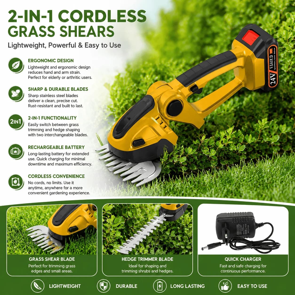 Cordless Handheld Lawn Trimmer 24V 2 in 1 US Plug Lawn Mower Pruning Shears Garden Shrub Tools