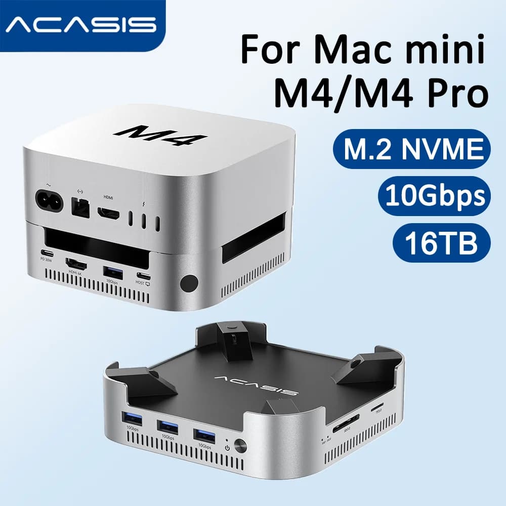 Acasis Mac Mini M4/M4 Pro Docking station USB-C da 10 Gbps e slot SSD M.2 NVME a doppia baia Porta DP da 16 TB Scheda SD/TF per Mac Mini M4 Pro