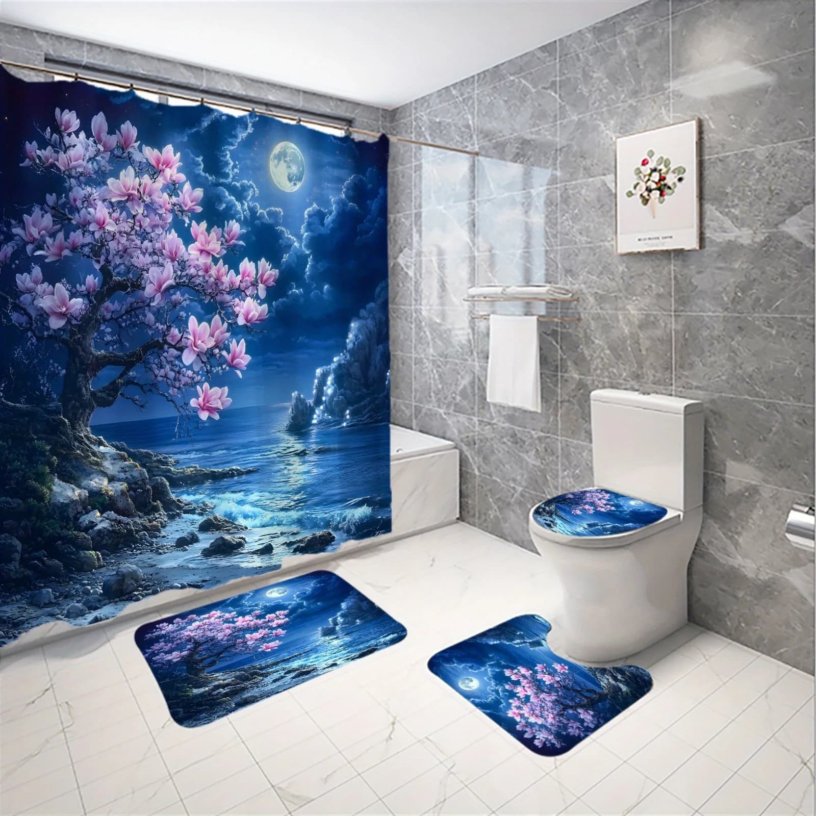 Set di tende da doccia con motivo floreale illuminato al luna, cielo blu oceano, notte da sogno, tende da bagno, decorazioni per il bagno, 4 pezzi