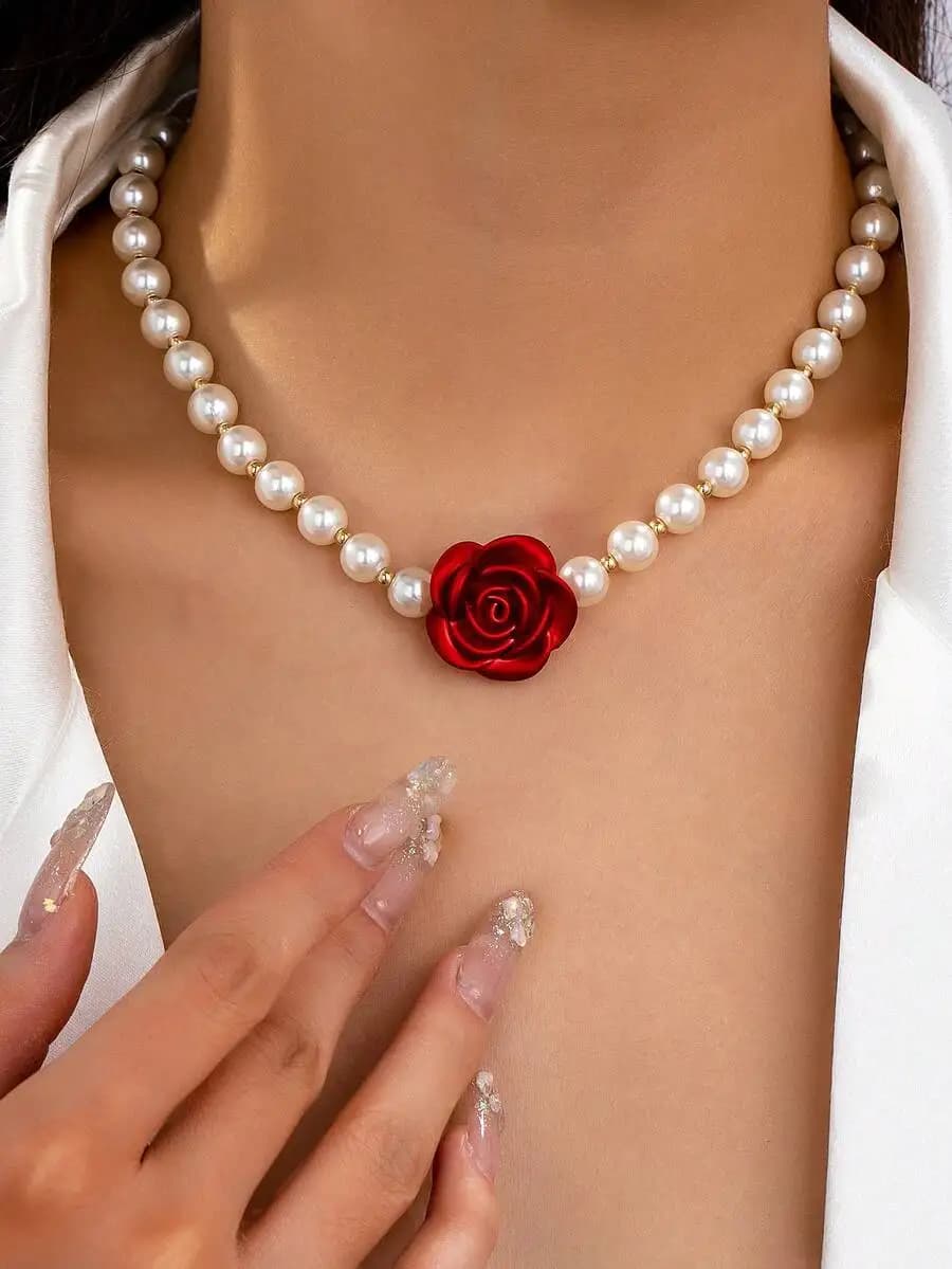 Collana girocollo con ciondolo rosa rossa e perle per donna, gioielli vintage alla moda