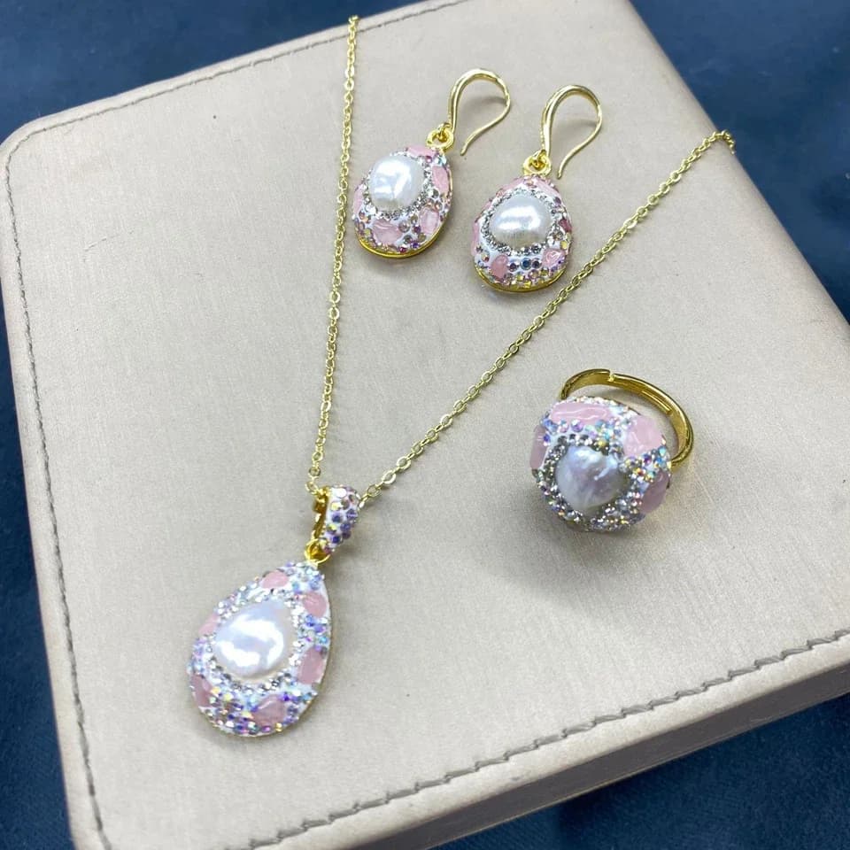 Collana con perline di perle d'acqua dolce barocche, set di orecchini ad anello, gioielli al quarzo di lusso da donna in stile turco, regalo per la festa della mamma