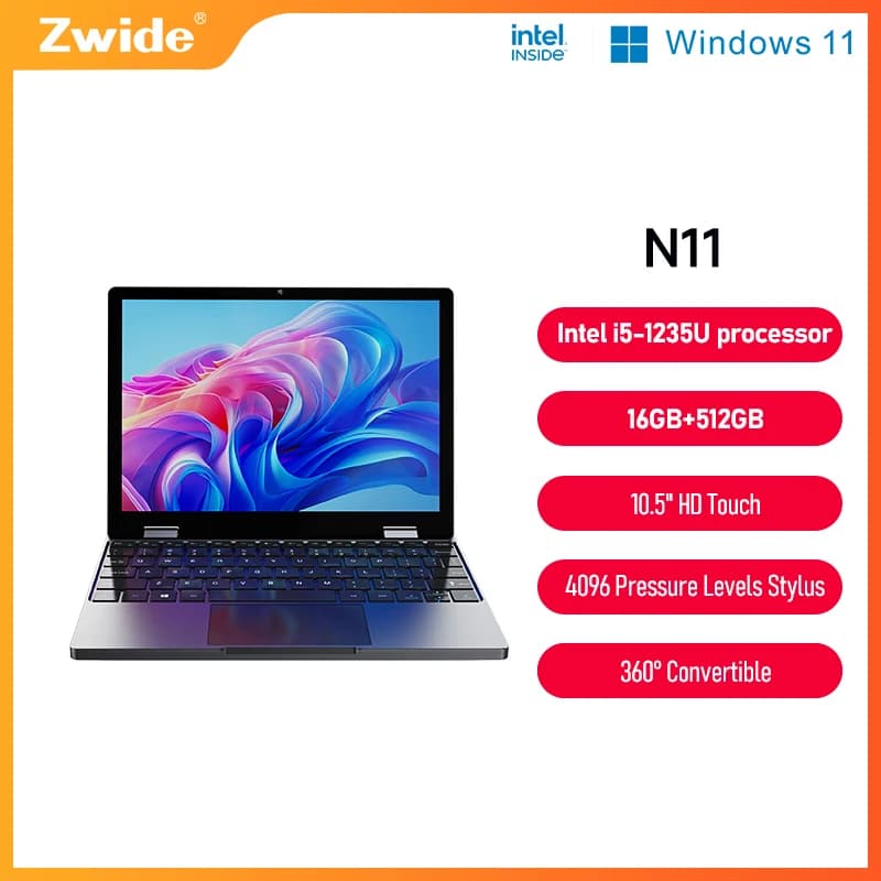 Zwide N11 Mini Laptop da 10,5 pollici con processore Core i5-1235U, sottile, portatile, ideale per ufficio e business, tablet PC tascabile.