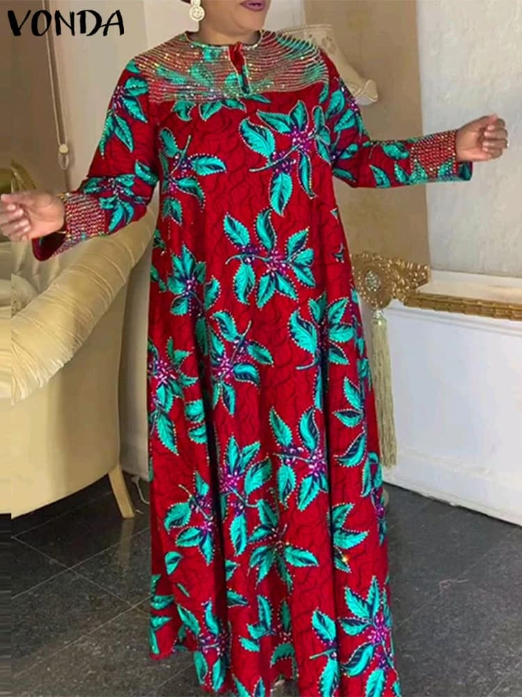 Abito stampato bohemien VONDA 2024 Abito da donna vintage a maniche lunghe da festa Vestito estivo casual allentato girocollo alla caviglia Abito oversize