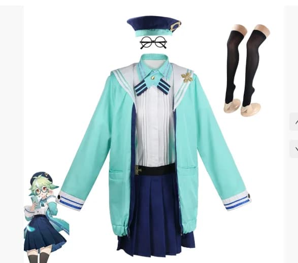 Genshin Impact Sucrose Cosplay Costume Maid JK Uniform Full Set with Wig Glasses Shoes Boots for Halloween Role Play