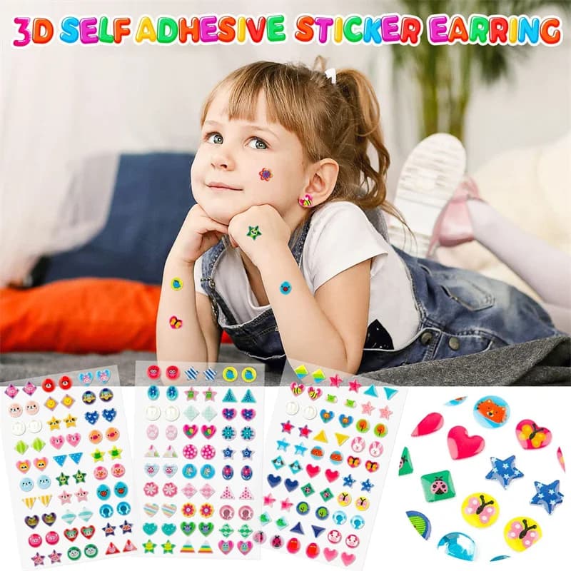3D Self Adhesive Sticker Earrings for Girls Cartoon Geometry Animal Flower Gem Crystal Pearl Stickers Kids DIY Make Up Craft Toy
