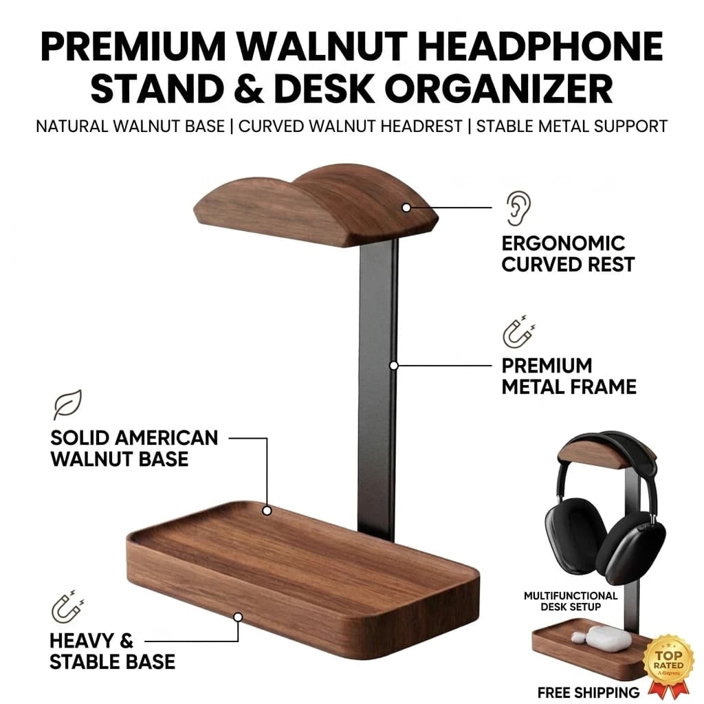Solid Wood Headphones Stand Black Walnut+Aluminum Alloy Gaming Headset Holder Desktop Bracket Display Shelf with Storage Base