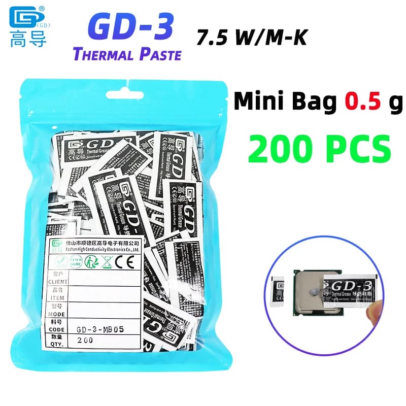 Net Weight 0.5 Gram 200 PCS Grey GD-3 Thermal Conductive Grease Paste Plaster Heat Sink Compound for CPU Cooling GPU PS5 Game