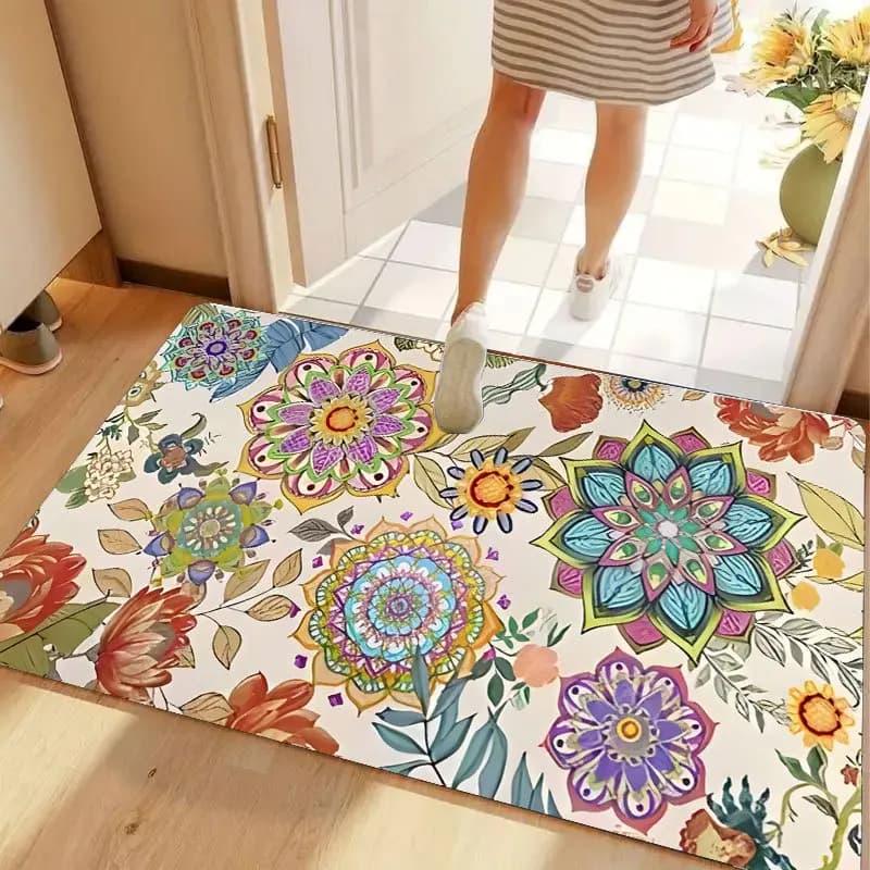 Intricate Geometric Flower Floor Mat Durable Non Slip Entryway Rug For Kitchen Bathroom And Artistic Home Use