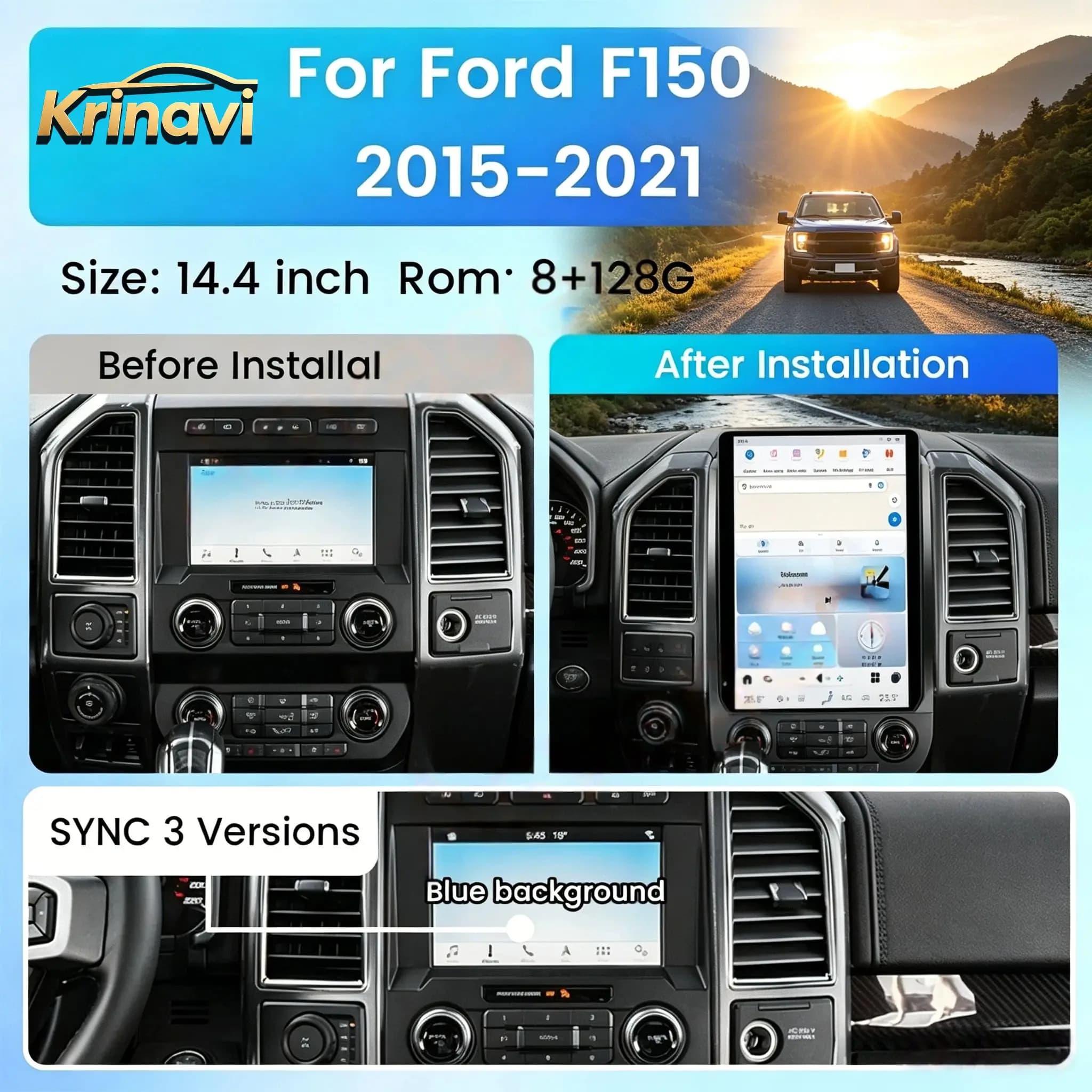 14.4 Inch Android 13 Touch Screen CarPlay GPS Navigation HD Multimedia Player Radio Head Unit For Ford F150 F250 2015-2021