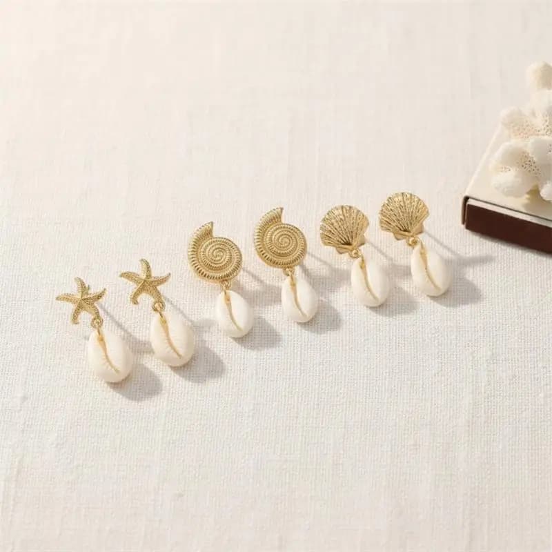 Orecchini pendenti con stella marina e conchiglia in stile boho oceanico per donna, orecchini estivi con conchiglia, perla e conchiglia di capasanta, gioielli estivi da spiaggia.