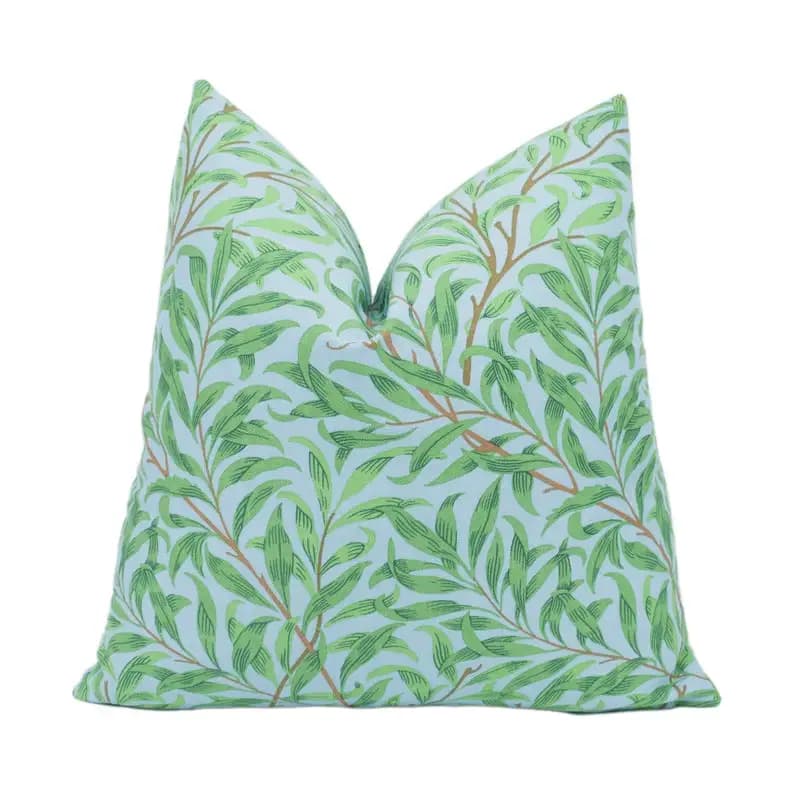 Willow Boughs - Sky / Leaf Green - Cushion Cover Throw Pillow Cover Designer Home Decor,Light Sky Blue Willow Leaf Vine Botanical Decor Throw Pillow Cover
