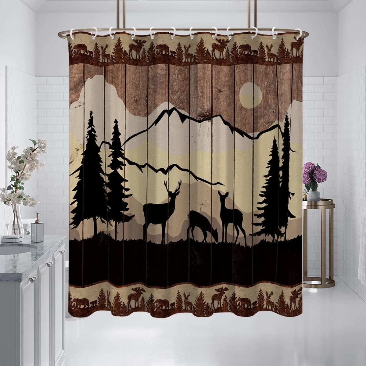 Tenda da doccia stampata con motivo foresta e animali 1PC, impermeabile, lavabile, con 12 ganci, bagno doccia, vasca da bagno, uso domestico