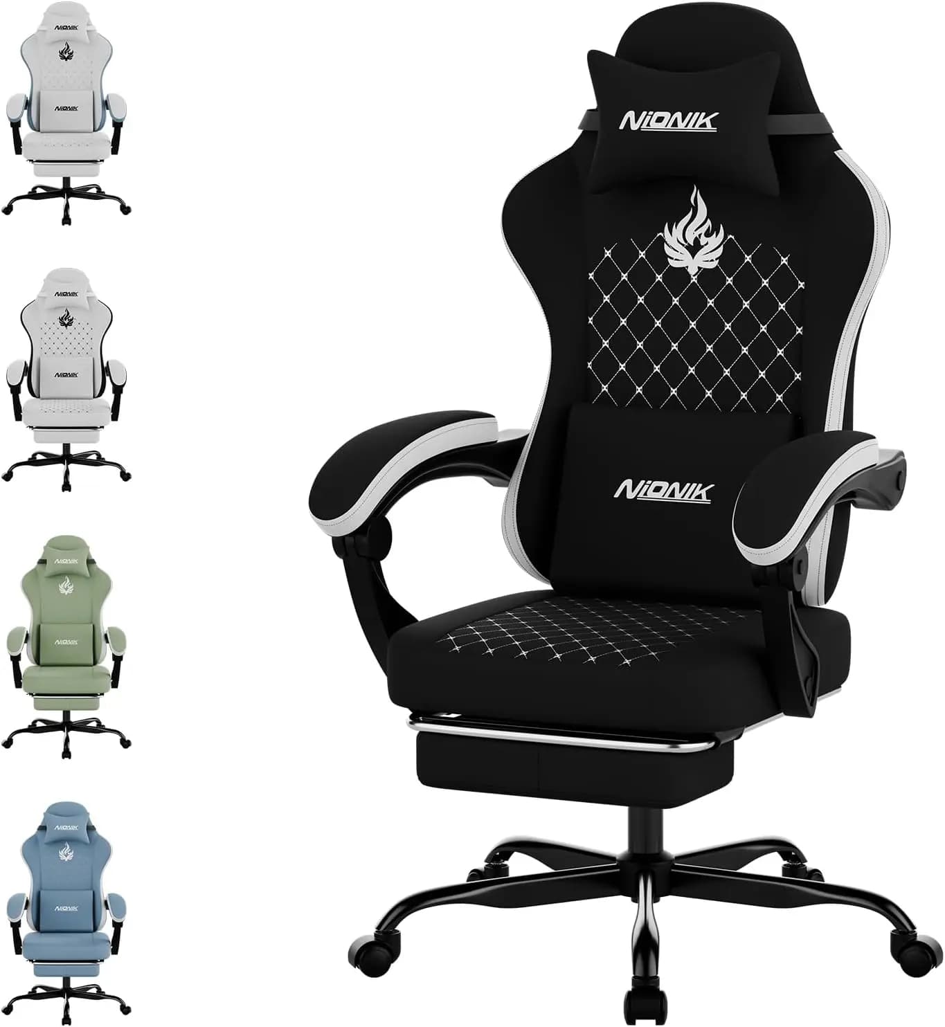 Ergonomic Gaming Chair with Massage, Footrest, Lumbar Support, High Back Black/White