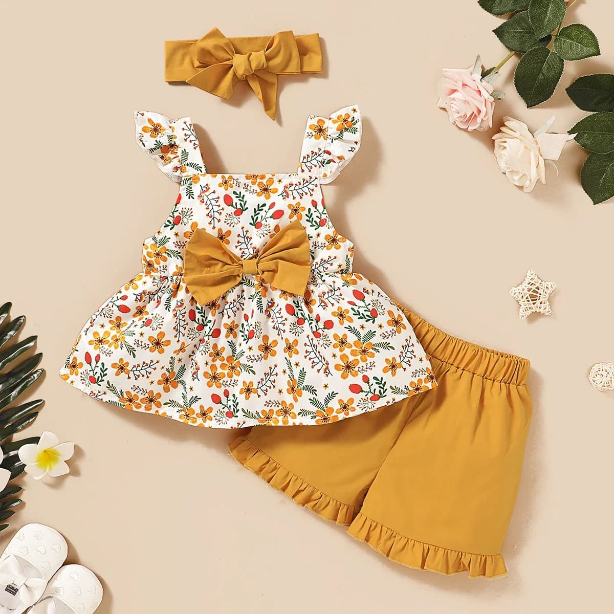 Set di vestiti per bambina da bambino 3 pezzi Top con fionda floreale con fiocco + pantaloncini + fascia per capelli Dolce adorabile vestito di moda per bambina 1-5 anni