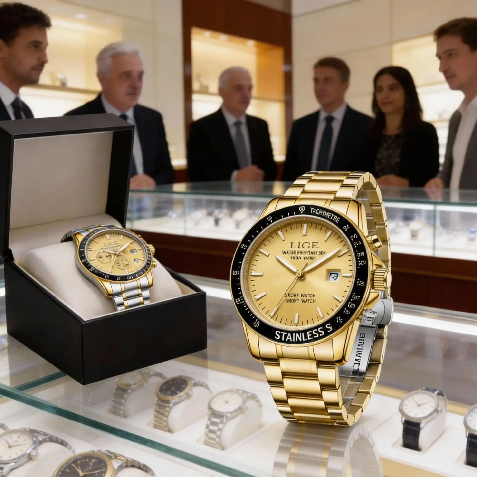 LIGE Luxury Men Watch Luminous Date Waterproof Man Quartz Wristwatch Gold Color Stainless Steel watches Reloj Hombre +Box
