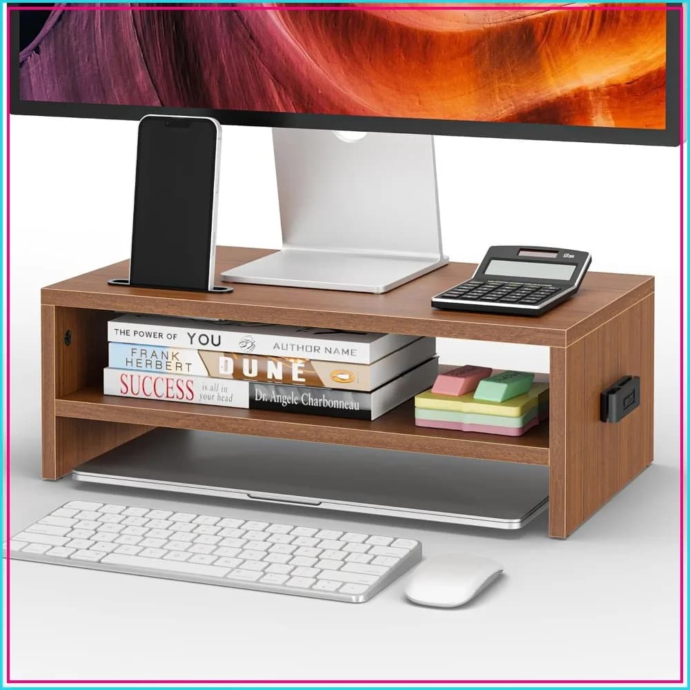 2-Tier Wooden Monitor Stand with Storage, Ergonomic Desk Shelf, Cable Management, Cellphone Holder, Walnut, 16.5 Inch