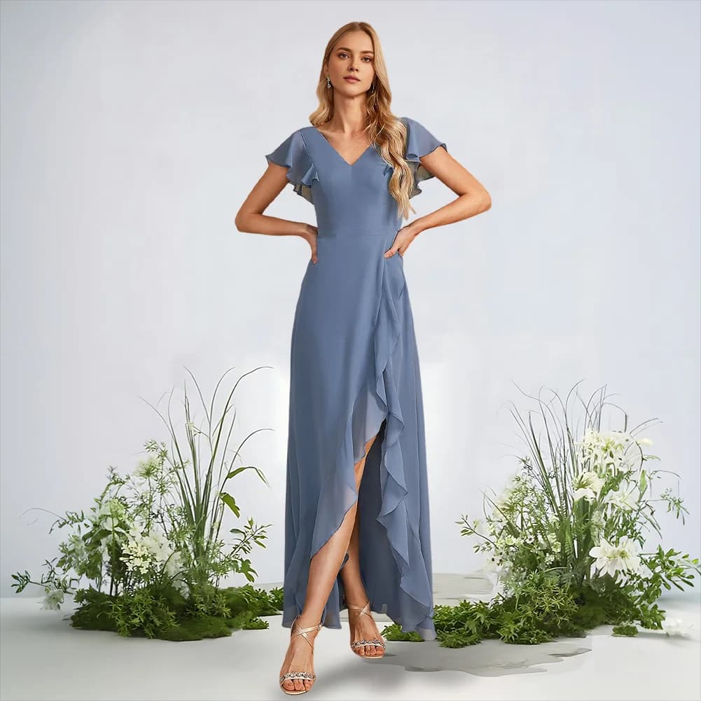 Champagne Bridesmaid Dresses Luxury V-Neck Asymmetrical Chiffon Ruffle Wedding Party Dress For Women Elegant Evening Gown 2025