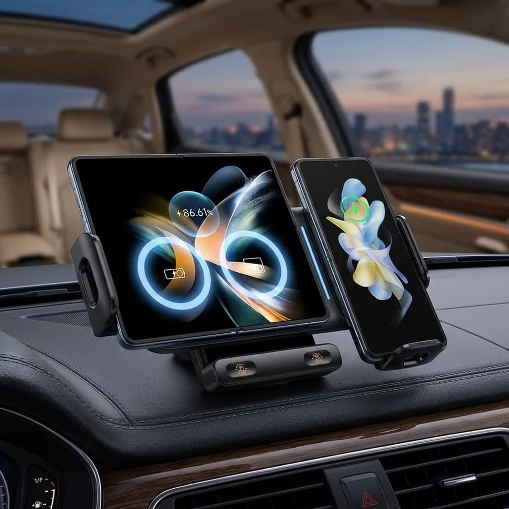 Caricatore Wireless Universale per Auto 15W con Doppia Bobina e Supporto Girevole a 360° ° Supporto Girevole con Bloccaggio Automatico per Ricarica Rapida su Cruscotto o Bocchetta dell'Aria